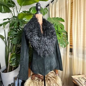 Penny lane style Black Genuine Suede Jacket with Mongolian Lamb Fur